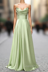 Dusty Sage A Line Cowl Neck Satin Long Evening Prom Dresses with Pleated