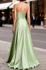 Dusty Sage Cute Satin Long Evening Prom Dresses with Pleated