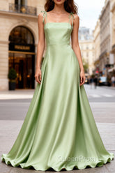 Dusty Sage Elegant Satin Long Evening Prom Dresses with Pleated