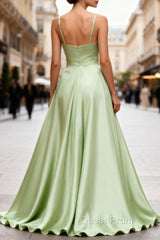 Dusty Sage Elegant Satin Long Evening Prom Dresses with Pleated