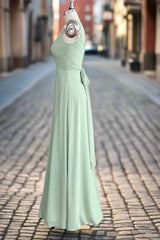 Dusty Sage Green A-Line Spaghetti Straps Pleated Chiffon Bridesmaid Dress With Bow
