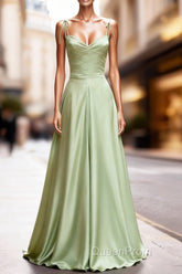Dusty Sage Satin Long Classy Evening Prom Dresses with Pleated