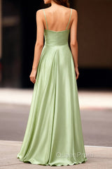 Dusty Sage Unique Satin Long Evening Prom Dresses with Pleated