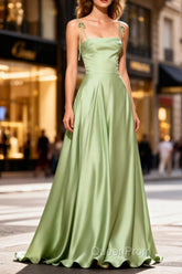 Dusty Sage Unique Satin Long Evening Prom Dresses with Pleated