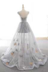 Gray Long Evening Prom Dresses with Butterfly, New Arrival Unique Evening Dresses