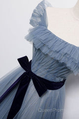 Blue Off the Shoulder Tulle Long Evening Prom Dresses with Sash, Sparkly Formal Gown