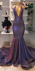 Chic Deep V-Neck Sleeveless Evening Prom Dresses New Arrival Halter Memaiad Sequins Evening Gowns