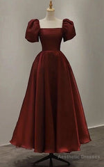 Elegant Satin A Line Ankle-length Short Sleeve Evening Dress with Ruching