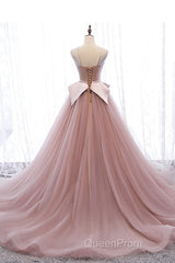 Pink Spaghetti Straps Tulle Long Formal Evening Prom Dresses, Unique Long Wedding Dess