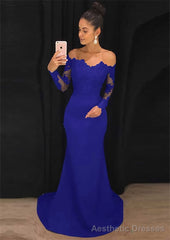 Elastic Satin Prom Dresses Sheath/Column Off-The-Shoulder Court Train With Lace