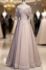 Elegance Pink Tulle Sequins Off the Shoulder Beading Evening Prom Dresses