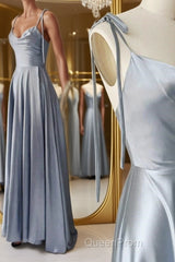 Elegant A Line Gray Satin Long Evening Prom Dresses, Gray Formal Graduation Evening Dresses