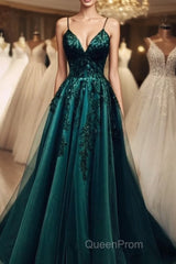 Elegant A Line Green Tulle Spaghetti Straps Appliques Evening Prom Dresses