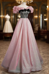 Elegant A-line Pink Off Shoulder Long Evening Dresses, Pink with Black Lace Long Evening Prom Dresses