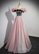 Elegant A-line Pink Off Shoulder Long Evening Dresses, Pink with Black Lace Long Evening Prom Dresses