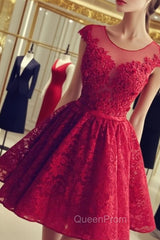 Elegant A-Line Evening Prom Homecoming Dresses Jewel Short Back Lace Applique