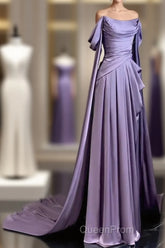 Elegant A Line Purple Satin Long Evening Prom Dresses Formal Party Gown