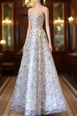 Elegant A Line Strapless Floral Long Evening Prom Dresses