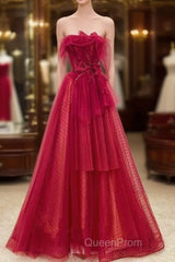 Elegant A Line Strapless Red Tulle Long Evening Prom Dresses