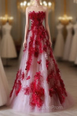 Elegant A Line Strapless Tulle Floral Red Evening Prom Dresses