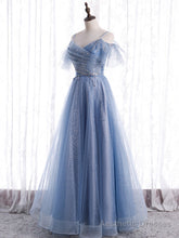 Elegant A line Tulle Sequin Blue Long Prom Dress, Tulle Blue Formal Evening Dress