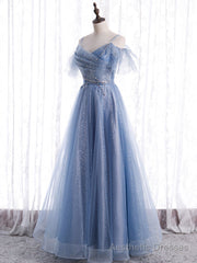 Elegant A line Tulle Sequin Blue Long Prom Dress, Tulle Blue Formal Evening Dress