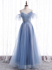 Elegant A line Tulle Sequin Blue Long Prom Dress, Tulle Blue Formal Evening Dress