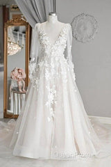 Elegant A-Line V-Neck Long Sleeved Ivory Sheer And Floor Length Wedding Dresses