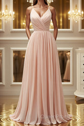 Elegant A Line V Neck Pink Long Evening Prom Dresses, Pink Formal Graduation Evening Dresses