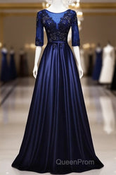 Elegant And Noble Blue Short Sleeved Lace Decal Ball Dresses With Blue V-Neck Satin And Beaded Back Zipper And Floor Length Evening Dresses