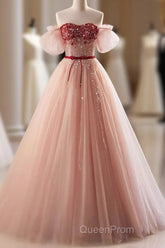 Elegant And Sweet Powder Blusher Powder Beading Sequins Off Shoulder Short Sleeve Evening Prom Dresses Powder Blusher Powder A-Shaped Princess Bow Belt Tulle Backless And Floor Length Evening Dresses