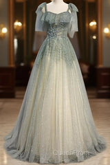 Elegant And Sweet Sage Green Sleeveless Off Shoulder Beads With Sparkling Sheer Sequins Evening Prom Dresses Sage Green A-Line Princess Shoulder Off Back Sweeping Train Ruffle Edge Evening Dresses