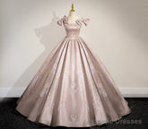 Elegant Ball Gown Pink Beaded Floral Appliques Quinceanera Dress
