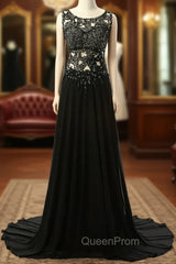 Elegant Black Long Evening Dresses Beading Chiffon Sleeveless