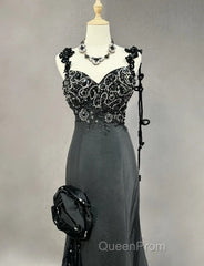 Elegant Black Mermaid Satin Beaded Sequin Long Evening Prom Dresses, Sweetheart Neck Evening Dresses