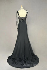 Elegant Black Mermaid Satin Beaded Sequin Long Evening Prom Dresses, Sweetheart Neck Evening Dresses