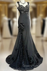 Elegant Black Mermaid Satin Beaded Sequin Long Evening Prom Dresses, Sweetheart Neck Evening Dresses