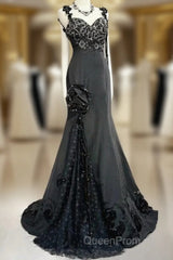 Elegant Black Mermaid Satin Beaded Sequin Long Evening Prom Dresses, Sweetheart Neck Evening Dresses