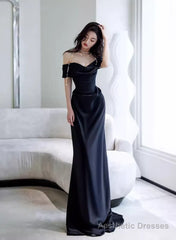 Elegant Black Off Shoulder Long Formal Gown, Black Satin Prom Dress Party Dress