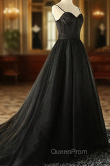 Elegant Black Straps Tulle Sweetheart Evening Prom Dresses, Black Party Dresses