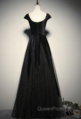 Elegant Black Velvet Cap Sleeves Evening Dresses, Black Evening Prom Dresses
