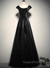 Elegant Black Velvet Cap Sleeves Evening Dresses, Black Evening Prom Dresses