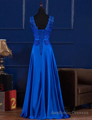 Elegant Blue Satin A-line Long Prom Dress , Bridesmaid Dress for Sale