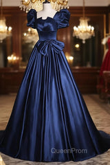Elegant Blue Satin Evening Prom Dresses, Square Neckline Puffy Short Sleeve Bow Backless Floor-Length Evening Dresses