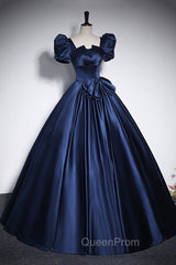 Elegant Blue Satin Evening Prom Dresses, Square Neckline Puffy Short Sleeve Bow Backless Floor-Length Evening Dresses