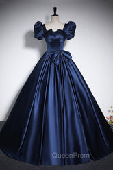 Elegant Blue Satin Evening Prom Dresses, Square Neckline Puffy Short Sleeve Bow Backless Floor-Length Evening Dresses
