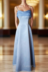 Elegant Blue Satin Spaghetti Straps Evening Gown A Line Long Party Dresses Evening Prom Dresses