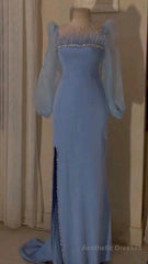 Elegant Blue Sequins Feathers Evening Dress Long Slit Prom Dress Party Gown