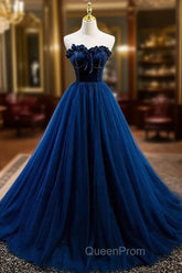 Elegant Blue Velvet And Tulle Long Evening Prom Dresses Strapless