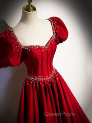 Elegant Burgundy Floor Length Evening Prom Dresses, A-Line Beading Puffy Short Sleeve Backless Evening Dresses